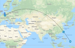 Hier ist die Flugroute von Frankfurt nach Koro auf Palau via Taipeh in Taiwan angezeigt!